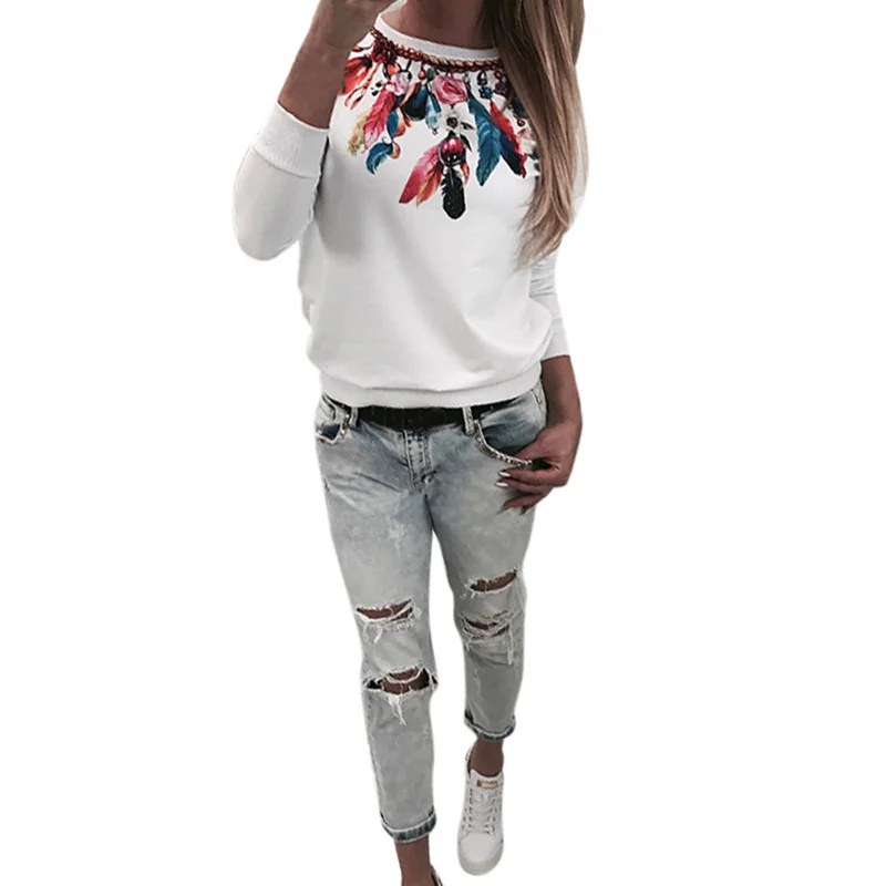 

2019 Women Autumn Winter O Neck Long Sleeve Printed Feathers Bottoming T-shirt Ladies Streetwear Harajuku Style Top Tees SJ3861M