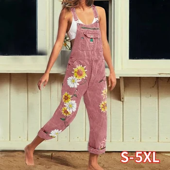 

Women Long Trousers Print Denim Jumpsuit Romper Overalls Straps Jumpsuit Spring Ladies Casual Loose Plus Size Flower Jumpsuits