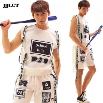 

White hip-hop letter cloth strap vest costumes men's suit male singer DJ star with the paragraph
