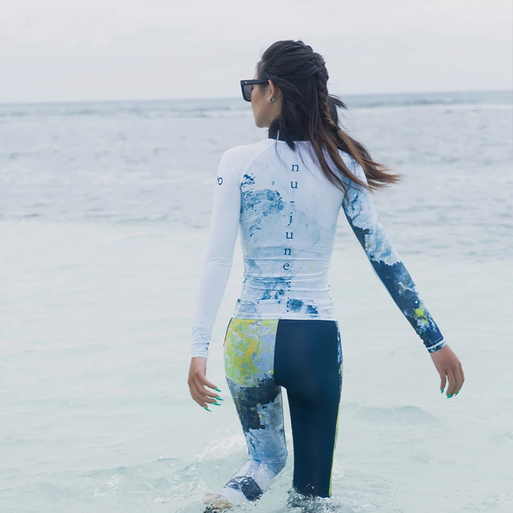 Женский купальник Nu June с длинным рукавом Rashguard топ чернильным принтом для