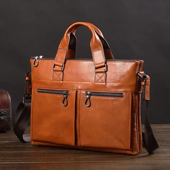 

Leather Handbag Men's Bag Leather Shoulder Messenger Bag Business Men Briefcase14 Inch Document Computer Bag Fashion New Casual