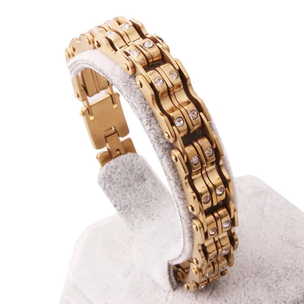 Золотой браслет женский велосипед мотоцикл цепь браслеты для мужчин женщин 316L из нержавеющей стали блестящие хрустальные велосипедные украшения