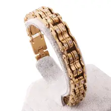 Золотой браслет женский велосипед мотоцикл цепь браслеты для мужчин женщин 316L из нержавеющей стали блестящие хрустальные велосипедные украшения