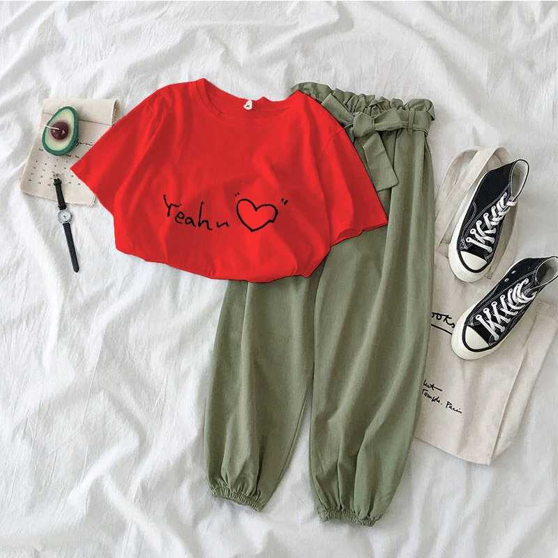 

New Letter Printed 2 piece outfits women casual trousers suit Black pink female Two piece set Korean Tshirt and pants clothes