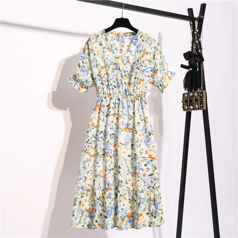 Tonglord Women Chiffon Dress 2020 New Summer  Female Short Sleeve Vintage Printed Floral Casual Dresses V-neck A-line Vestidos