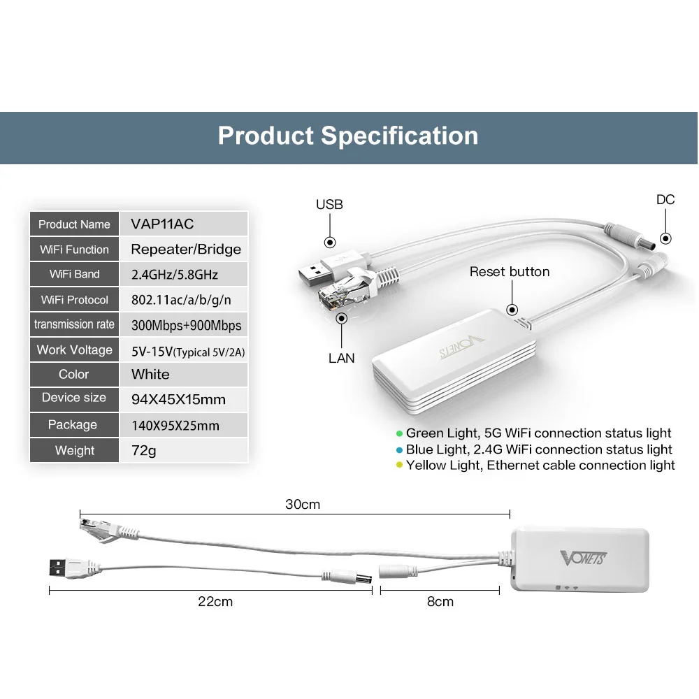 Vonets Vap11Ac Dual Band 2,4 ГГц 300 Мбит/с, 5 г 900 Мбит/с 802,11 Ac/N Беспроводной Портативный WiFi повторитель/мост беспроводного доступа в Интернет для безопасности Monito