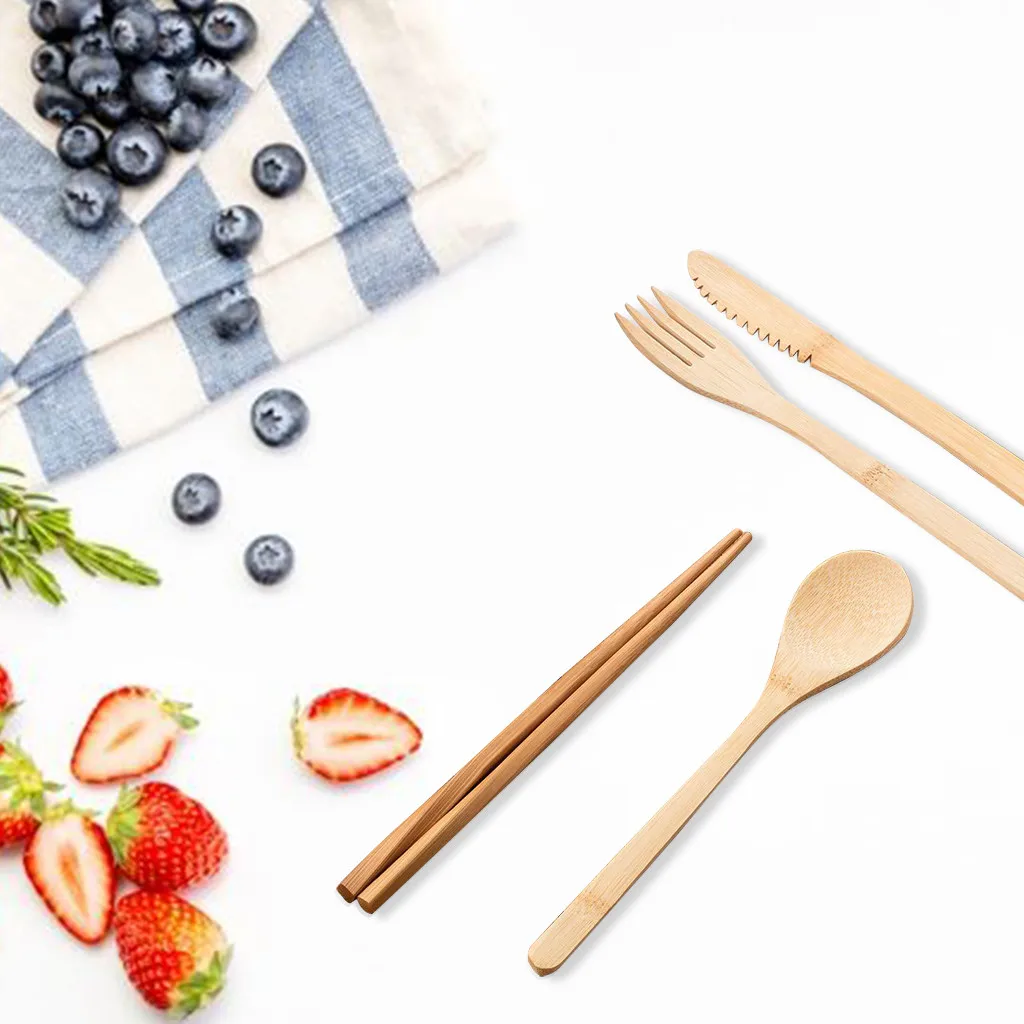

Bamboo Utensils Travel Cutlery Set Reusable Eco Friendly Pouch Camping Utensils Portable Fork Spoon Knife Flatware Set