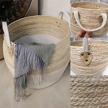 

Natural Woven Storage Basket Desktop Durable Toy Sundries Snack Toy Sundries Storage Box Holder Handle Wickerwork Organization