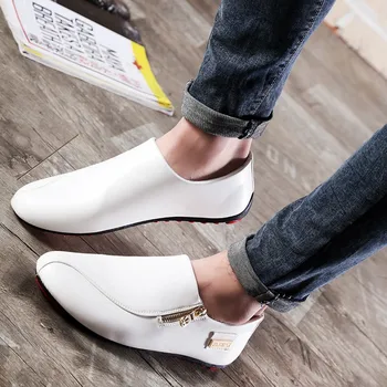

Men's Male Fashion Zipper Casual PU Leather Loafers Driver Comfort Flat Lazy Moccasins Slip-On Shoes
