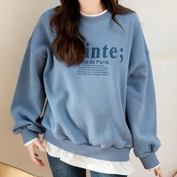 

2019 Spring Autumn Women Sweatshirts Long Sleeve Cute Fake Two-piece Pullovers Female Letter Print Loose Harajuku Hoodies Tops