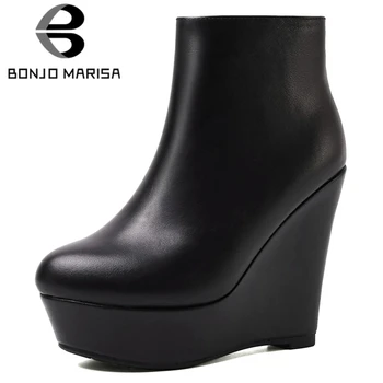

BONJOMARISA New Fashion Solid Genuine Leather Ankle Super High Wedges Boots Women Party Platform Shoes Woman
