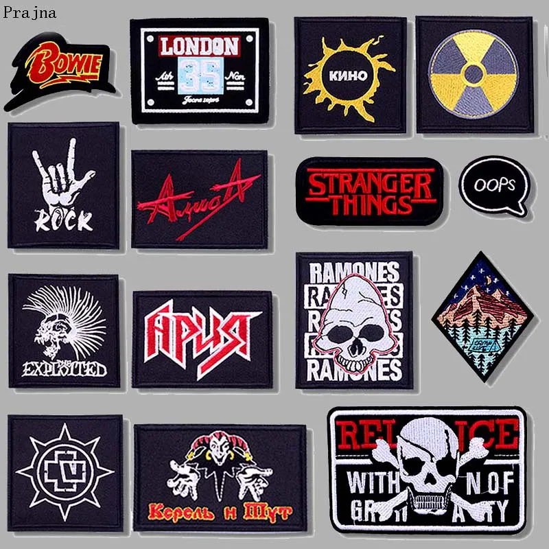 

Prajna Hippie Music Band Patch Iron On Patches Rock Maniac Embroidered Patches For Clothes Fabric Applique Metal Letter Badge