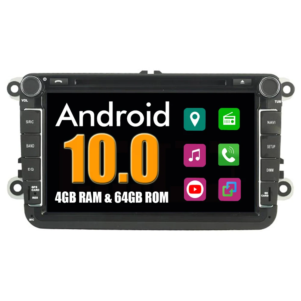 Dab Autoradio Android 10 pour VW Radio avec Navi Prend en Charge Bluetooth aptX écran 7 Pouces DSP Audio caméra CD DVD Voiture WiFi 4G USB MicroSD 2 Din 