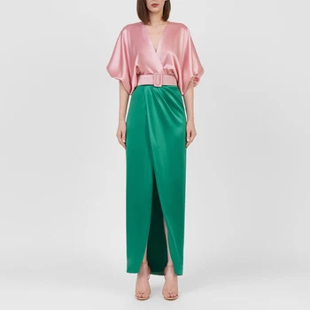 

Gedivoen Summer Fashion Runway Midi Dress Women V Neck High Waist Belt Fitted Colorblock Spilt Dress Elegant Lady Party Dresses