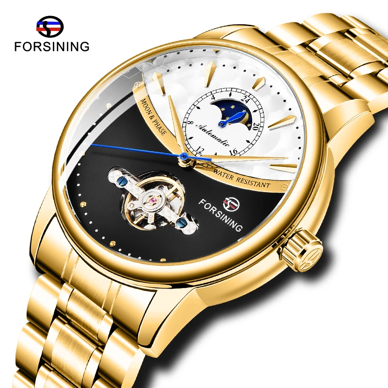 

New FORSINING Men Automatic Self-Wind Watch Golden Dial Stainless Steel Moon Gold Mechanical Tourbillon Men Waterproof Clock