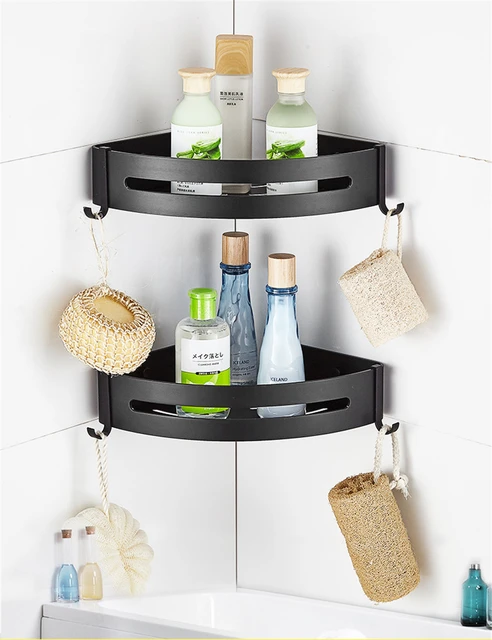 No Drilling Shower Caddy with Self-adhesive Glue & Hooks Storage Basket Bathroom  Shelf Rack Wall Mounted Rack for Kitchen Bathroom