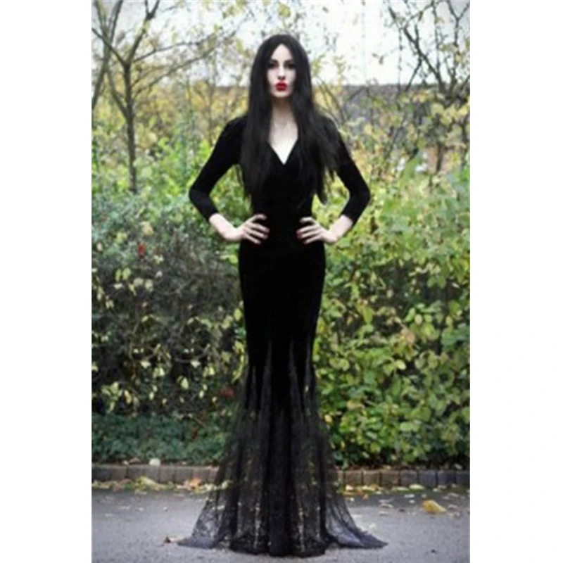 Morticia Addams костюм ведьмы-призрака страшный черный пол кружевное платье халат одежда для женщин Готический Хэллоуин косплей