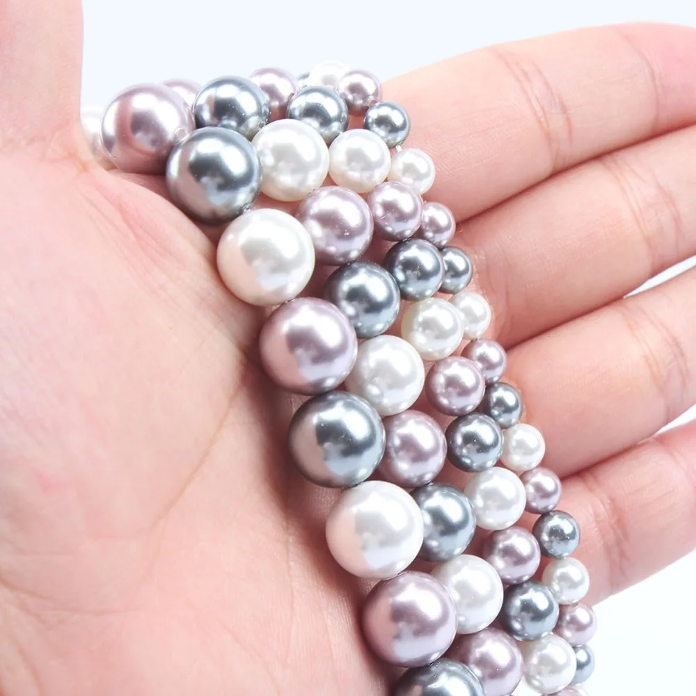 3 Colors Shell Pearl Beads Smooth White Gray Purple Round Loose Spacer Beads For Jewelry Making 6/8/10/12mm Diy Woman Bracelet