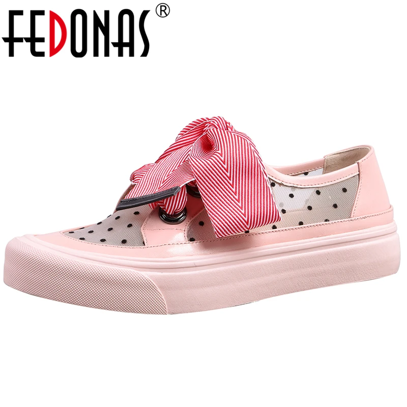 

FEDONAS 2020 Spring New Women Cow Leather Flats Mesh Polka Dot Butterfly Knot Sweet Comfortable Casual Lace-Up Shoes Woman