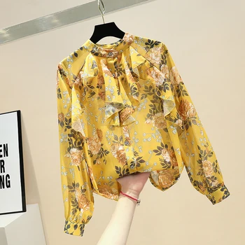 

Fashion Blouse Woman 2020 Summer New Ruffled Stand Collar Floral Chiffon Shirt Ladies Office Wear Blouse Blusas Mujer Tops
