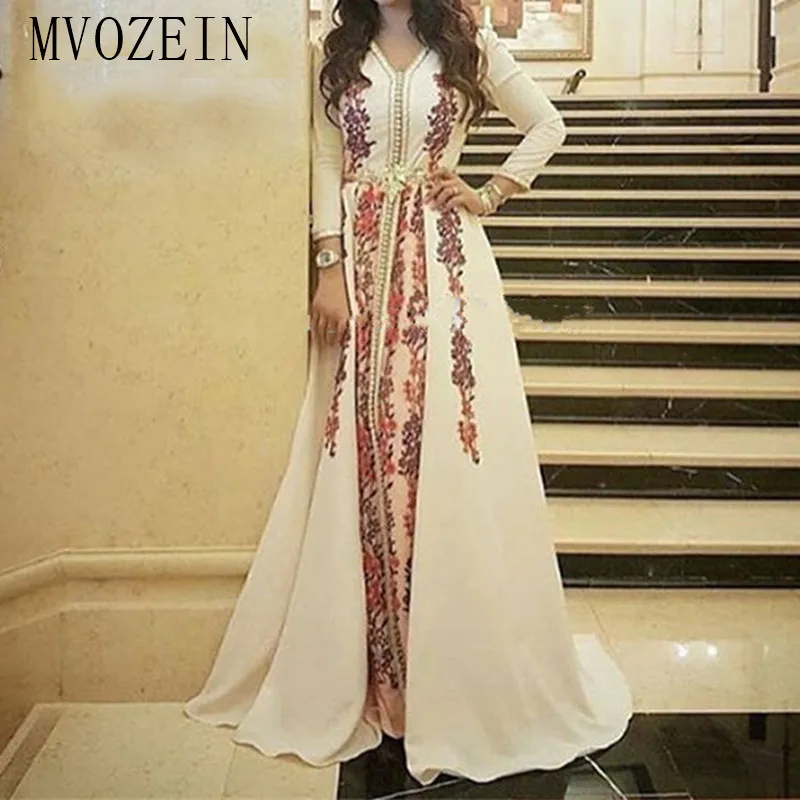 

2019 Muslim A Line Appliques Evening Dresses Formal Prom Dress Long Sleeves Moroccan Kaftan Women Prom Party Gowns