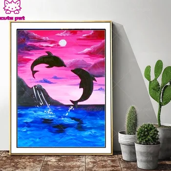 

5D full circle square drill diamond painting dolphin sunset landscape diamond embroidery animal diy cross stitch mosaic decor