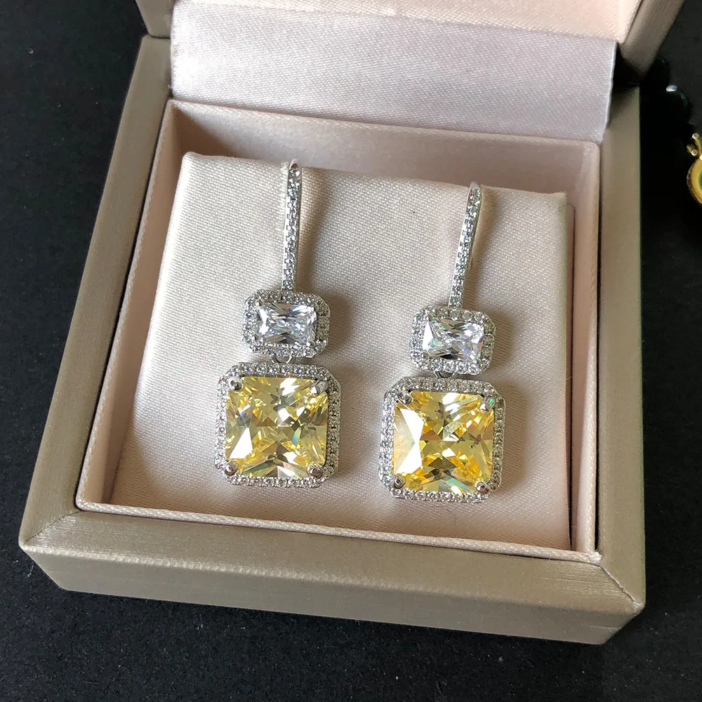 PANSYSEN Original Top Brand Yellow Dangle Drop Earrings For Women Luxury White Gold Color Silver Fine Jewelry Earring Gift