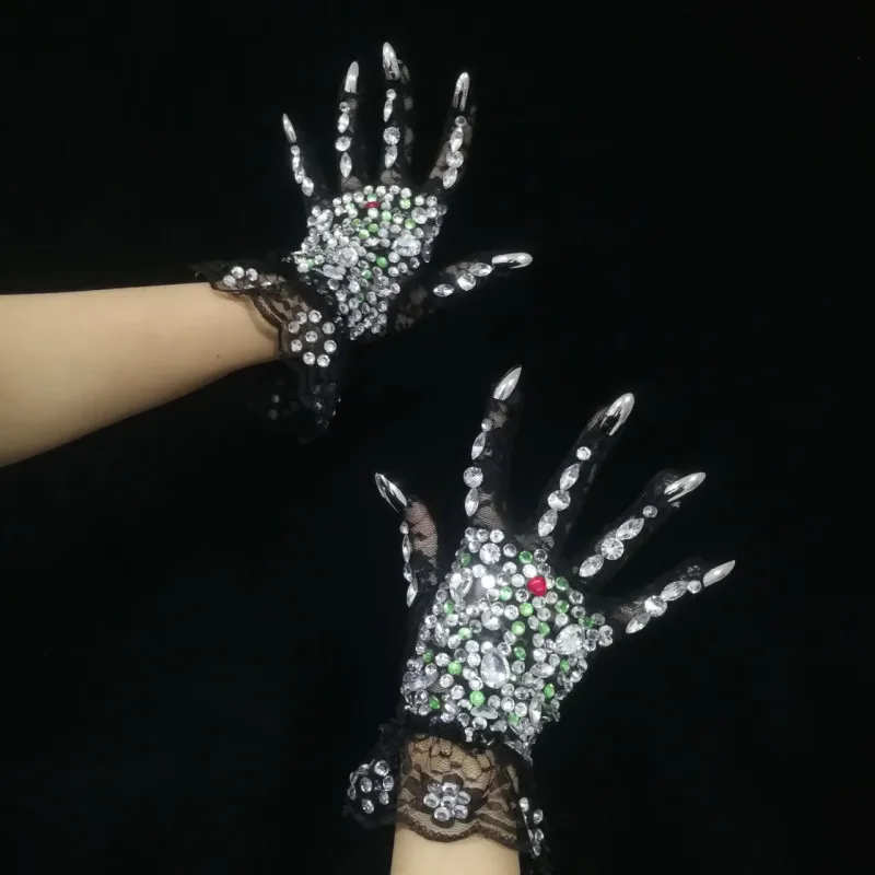 

Black White Lace Gloves Wedding bride Stretch Rhinestones Crystals Short Mittens Ladies Singer Dancer Party Performance Stage