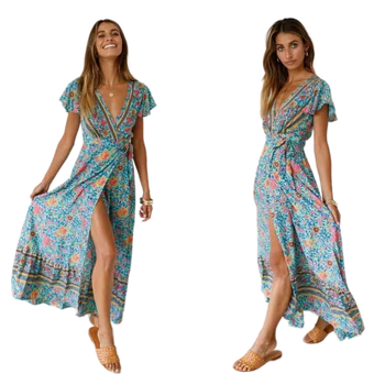 

Maxi Dresses For Women Print V-neck Short Sleeve Elastic Waist Tie Female Dress summer dresses vintage Floral Dress Long Dress