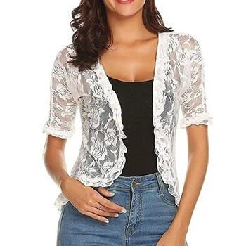 

Women Summer Coats Female Short Sleeve Coat Lace Shrug Perspective Tops Ladies Elegant Hollow Out Lace Top Feminino
