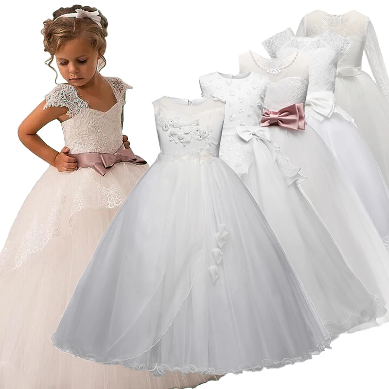 

Flower Girl Dress 4-12 Yeas Kids Girls Long White Lace Christmas Party Fancy Children Gown Prom Teenage Princess Girl Clothes