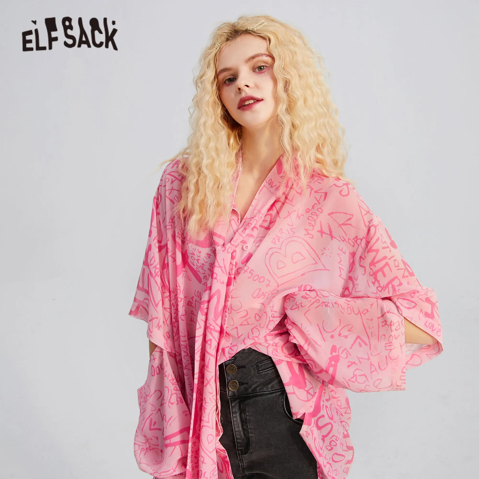 ELFSACK Leter Print Bow Neckline Casual Chiffon
