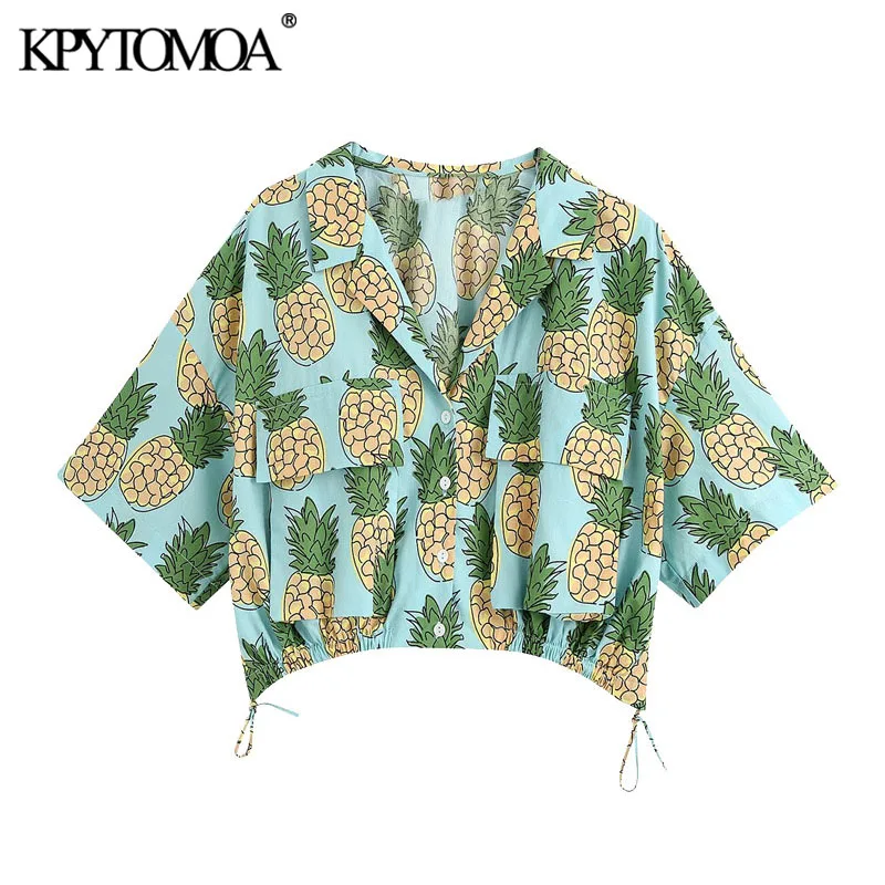 KPYTOMOA Women 2020 Fashion Pineapple Print Cropped Blouses Vintage Short Sleeve Adjustable Tied Female Shirts Blusas Chic Tops KPYTOMOA Women 2020 Fashion Pineapple Print Cropped Blouses Vintage Short Sleeve Adjustable Tied Female Shirts Blusas Chic Tops