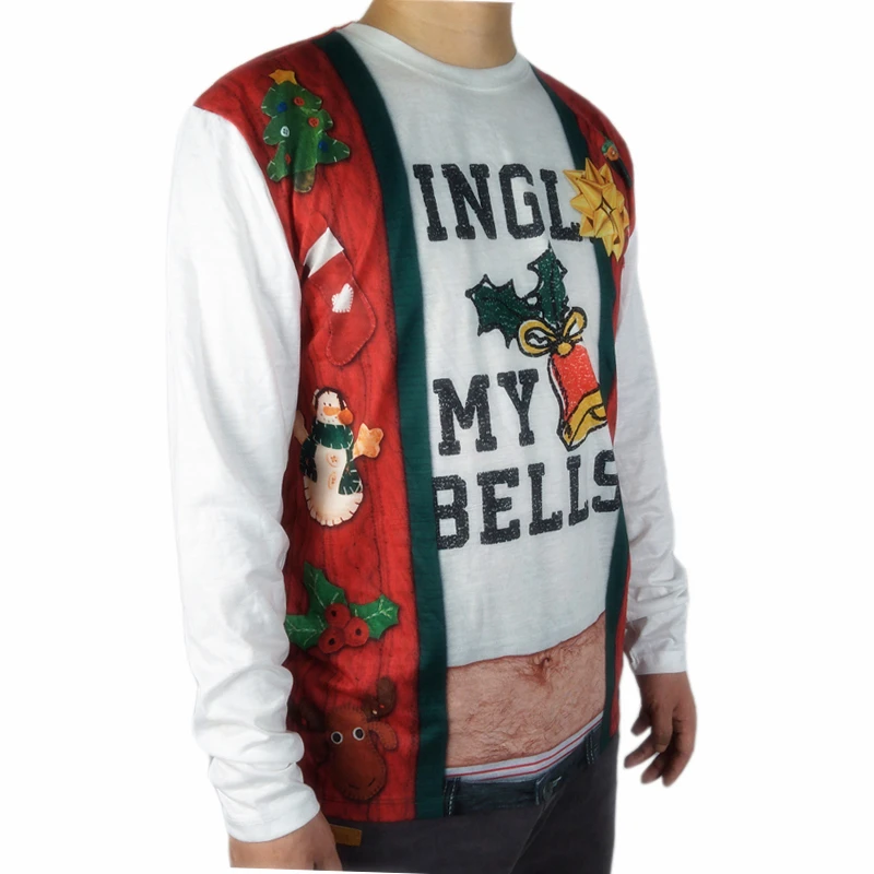Tacky Jingle Bells напечатаны уродливое Рождество футболка для мужчин Frisky Hairy Santa мужские с длинным рукавом уродливое Рождество футболки Плюс Размер