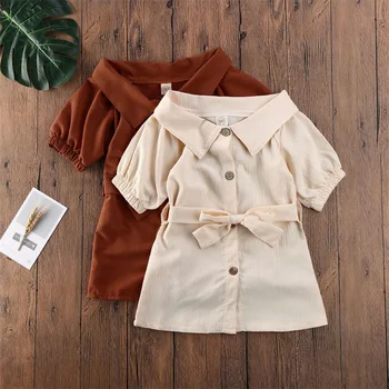 

2020 Summer Toddler Kids Baby Girl Bowknot Dress Casual Short Sleeve Off Shoulder Buttons Dresses Clothing Outfit Clothes