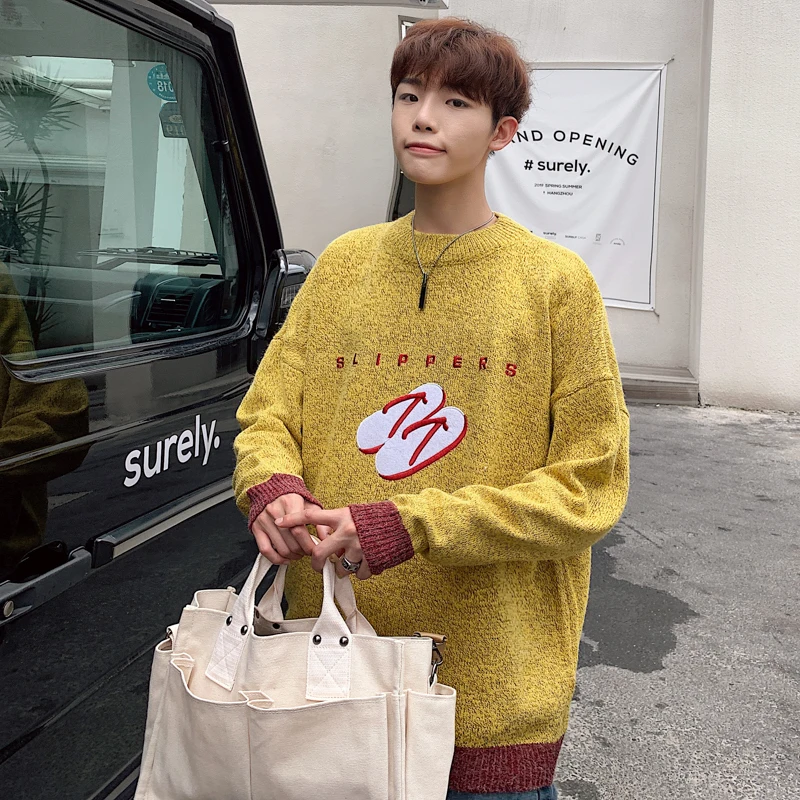 

Winter Sweater Men Warm Fashion Embroidery Solid Color Casual Knit Sweater Men Sweter Clothes Loose Long-sleeved Pullover Men