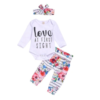 

Baby Girl Clothes Long Sleeve Letters Romper Tops Flower Pants Headband Hat 3pcs/4pcs Outfits Baby Clothes New 2Colors