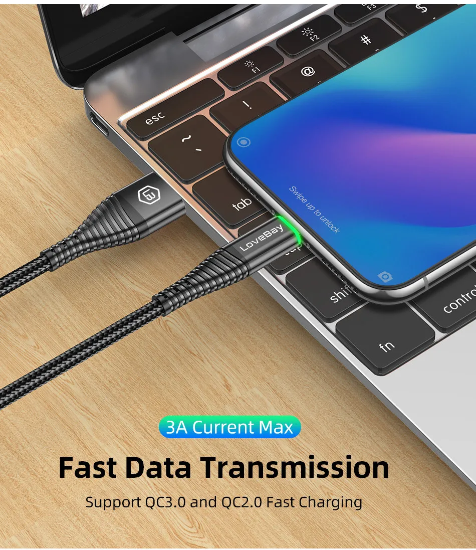 Lovebay type C 3A светодиодный светильник usb type C кабель USB быстрая зарядка QC 4,0 зарядное устройство type-c светильник ing кабель для мобильного телефона USB кабель