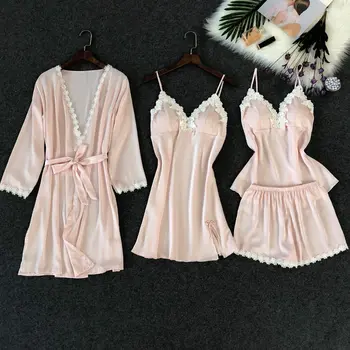 

Sexy Shorts Clothing Set Female PJs Sleepwear Home Wear Suit 4PCs Women Pajamas Set Bath Robe Silk Sexy Spaghetti Strap Top