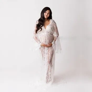 

Maternity Photography Long Dress White Lace Flare Sleeve Maternity Gown For Photo Shoot Pregnant Photography Long Dress