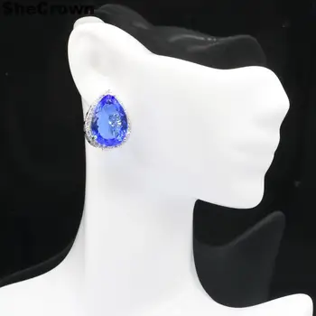 

22x16mm SheCrown Water Drop 18x13mm Violet Tanzanite White CZ Gift For Ladies Jewelry 925 Silver Earrings