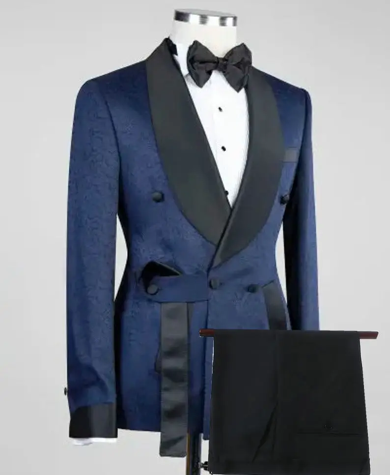 Fashion Design Black Floral Mens Wedding Suit Double Breasted Slim Fit Prom Groom Tuxedo Bridegroom Best Man Blazer Pants