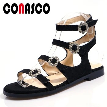 

CONASCO Gladiator Women Sandals Cow Suede Low Heels Rhinestone Rome Style Summer New Fashion Sexy Night Club Casual Shoes Woman