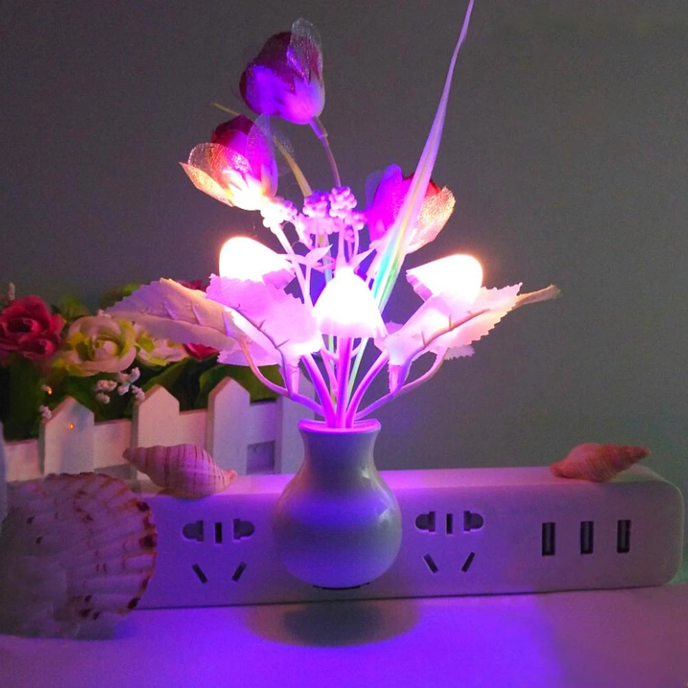 1W LED Colorful Flower Night Lights Luminous Lamp EU Plug Sensor Home