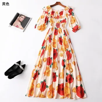 

New women s summer 222307 word collar first nine points sleeve printed super Mopping long dress