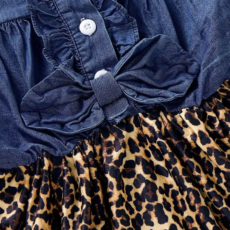 Одежда для малышей леопардовое джинсовое плиссированное платье с длинными рукавами для маленьких девочек От 1 до 4 лет, R9UD