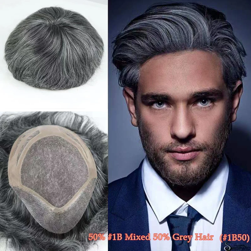

Human Hair Toupee #1B50 Grey Gray Color Hair System Unit 10x8Inch Man Toupee For White Mens Peruk hombre Thread Prosthesis