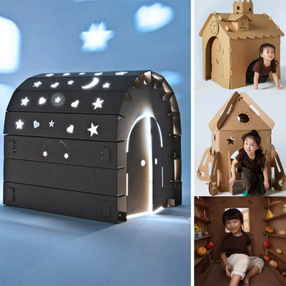 - Cardboard Box Play House For Kids Paper Shell Box Hut Kindergarten Manual DIY Assembly Tent Castle Toy Montessori Game Gift