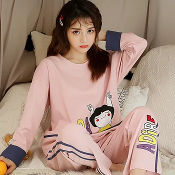 

Autumn Cotton Cartoon Pajamas Set Women Pyjamas Sleepwear Loose Long sleeve Pijama Mujer Home Clothes Long Pants Night suit 2pcs