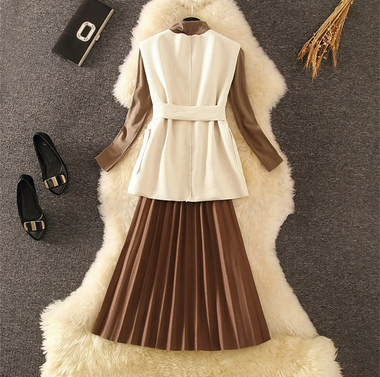 Autumn Winter Dress Suit Women Elegant Beading Long Sleeve Knit Bodycon Mid-Calf Long Sweater Dress Set Casual Spring